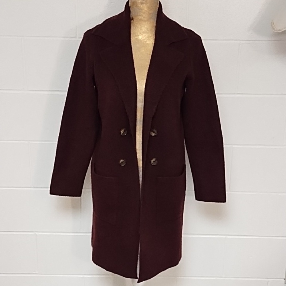 Burgundy Soft Open Front Button Detailed Long Cardigan Sweater Jacket
